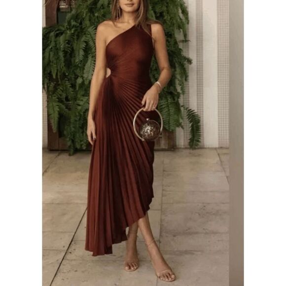 NWT A.L.C. Delfina Pleated Cutout One-Shoulder Dress in Brunette Brown Size 10 - Picture 5 of 8